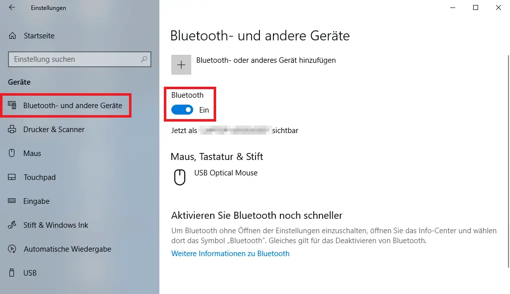 Unter Windows 10 Bluetooth aktivieren