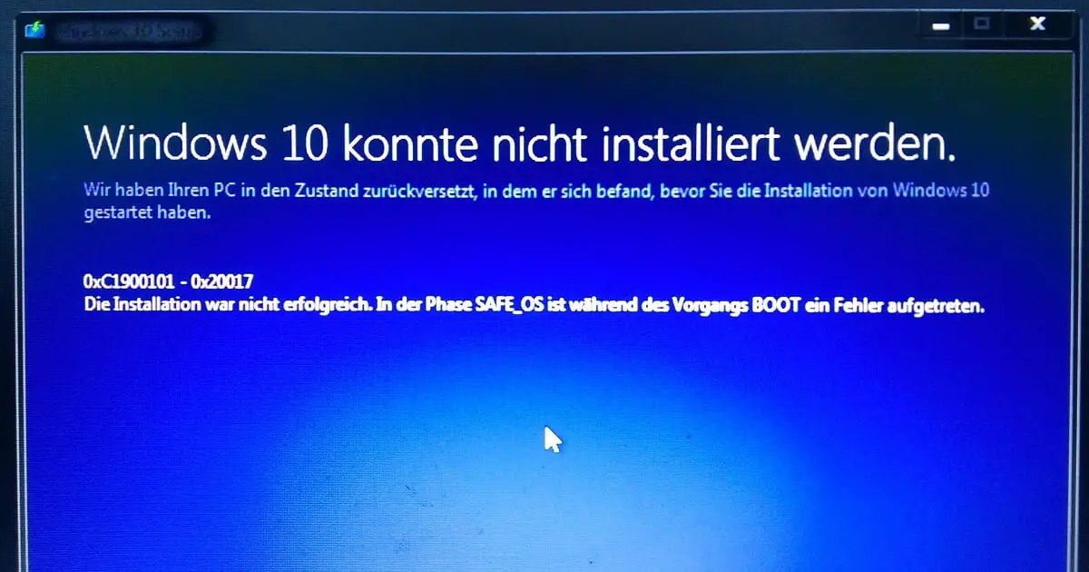 Windows 10 konnte nicht installiert werden, Fehler 0xC1900101 - 0x20017