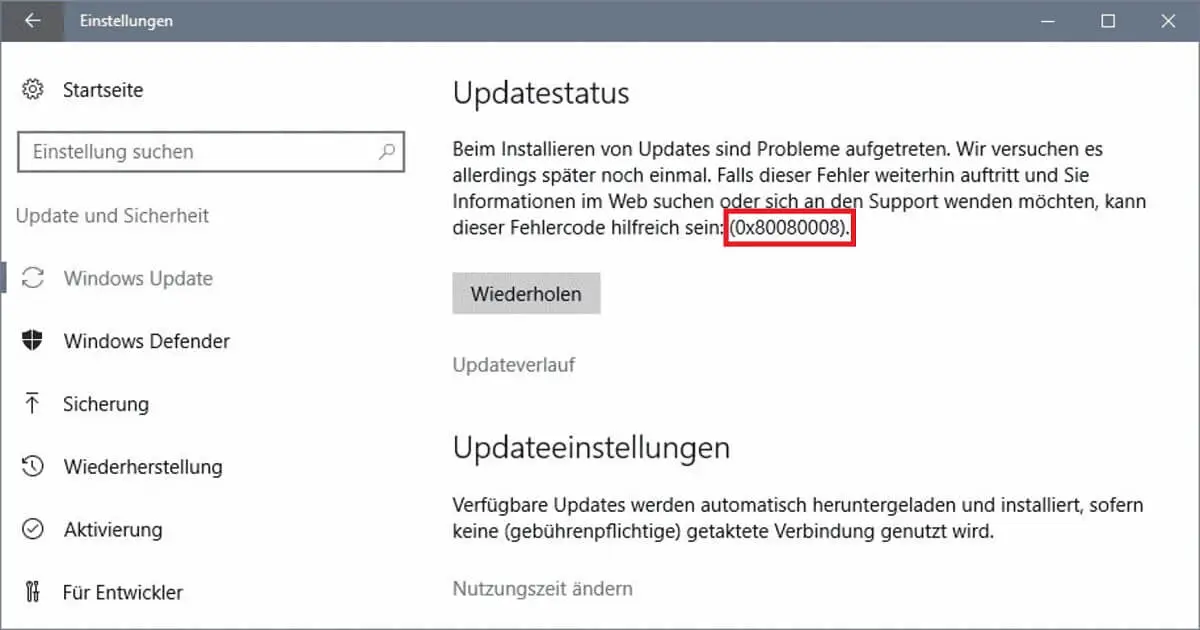 Funktionsupdate für Windows 10, Version 1903 – Fehler 0x80080008
