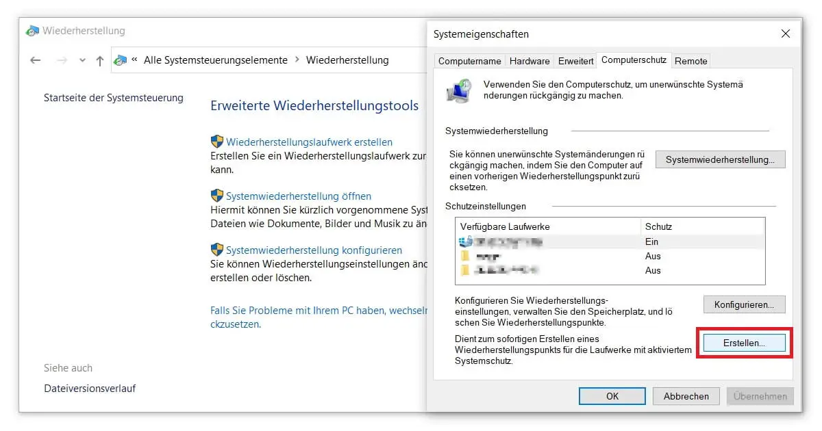 Einen Windows 10 Wiederherstellungspunkt erstellen und die Festplatte konfigurieren