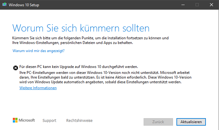 Für diesen PC kann kein Upgrade auf Windows 10 durchgeführt werden